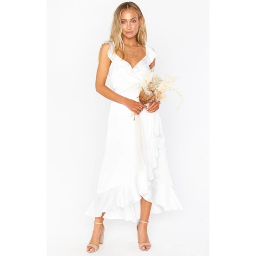 Show me your MUMU Ivory Luxe Satin  Samantha Ruffle Wrap Dress Size Large